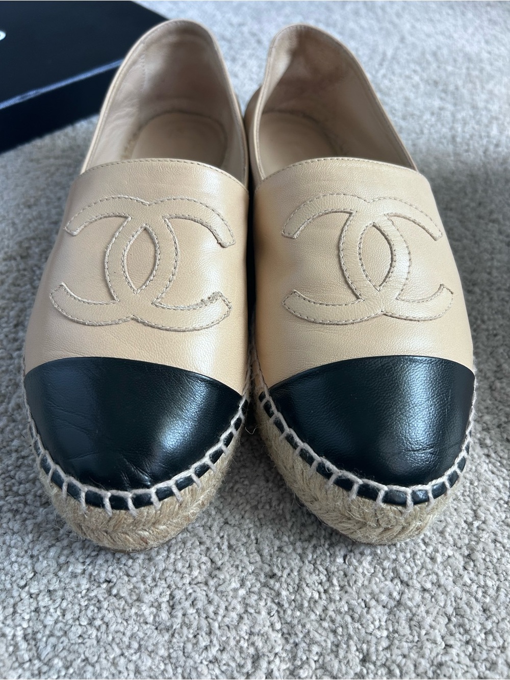 CHANEL Beige Leather Espadrilles with Black Cap Toe